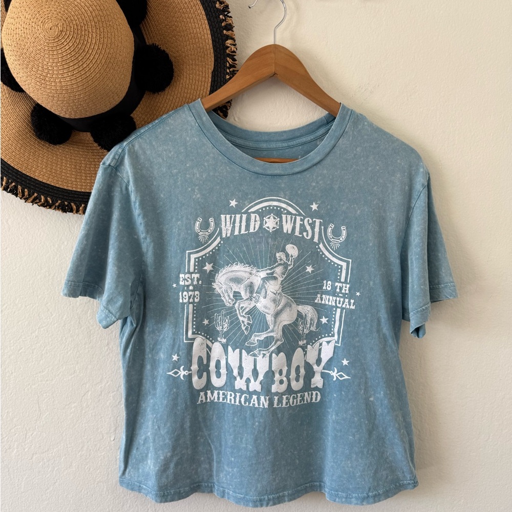 Rebellious One Blue Acid Wash Wild West Cowboy Tee Size Medium Western Boho - Picture 4 of 8